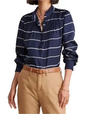 VINEYARD VINES Ruffle Collar Popover Top Rope Stripe Navy White Women Small